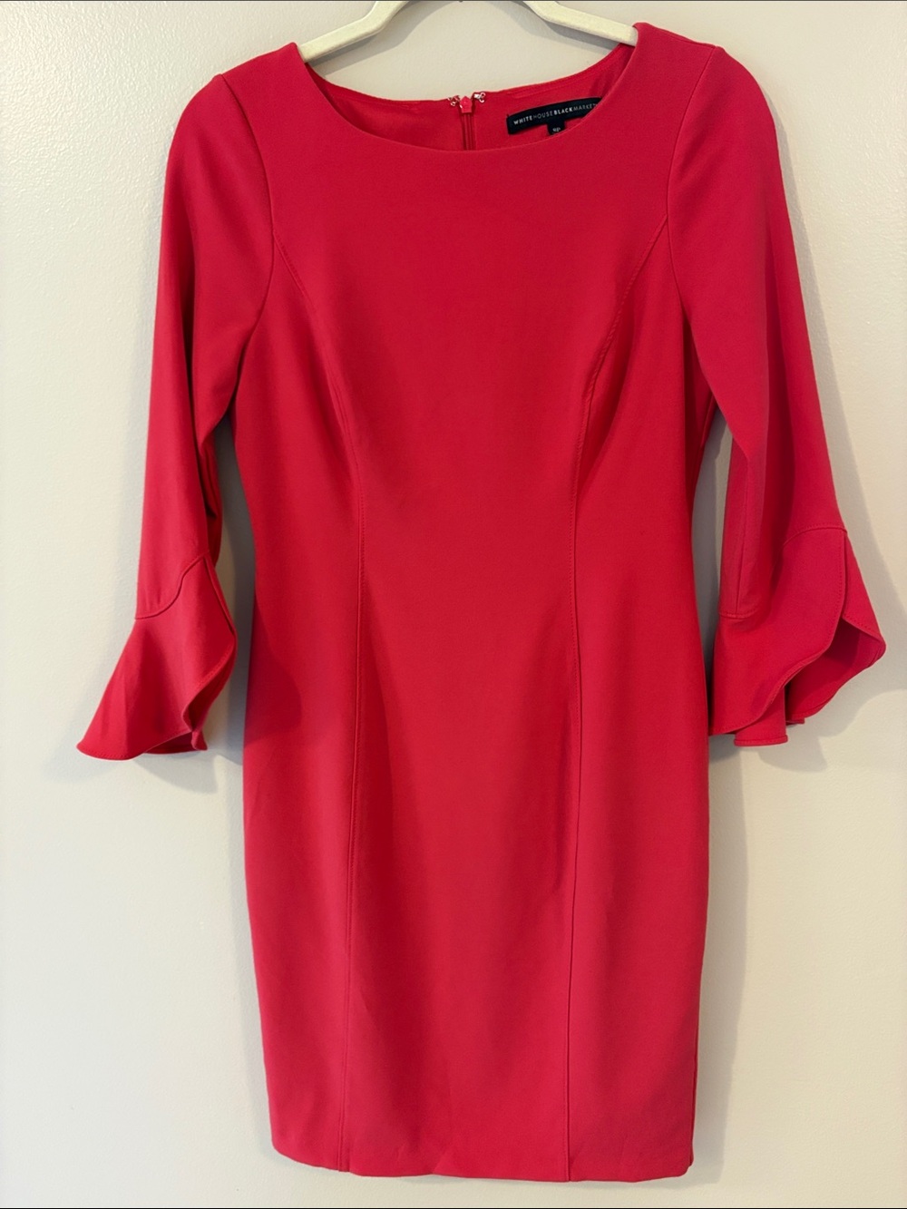 White House Black Market Red Sheath Dress Size 8P Bell Sleeve Stretch
